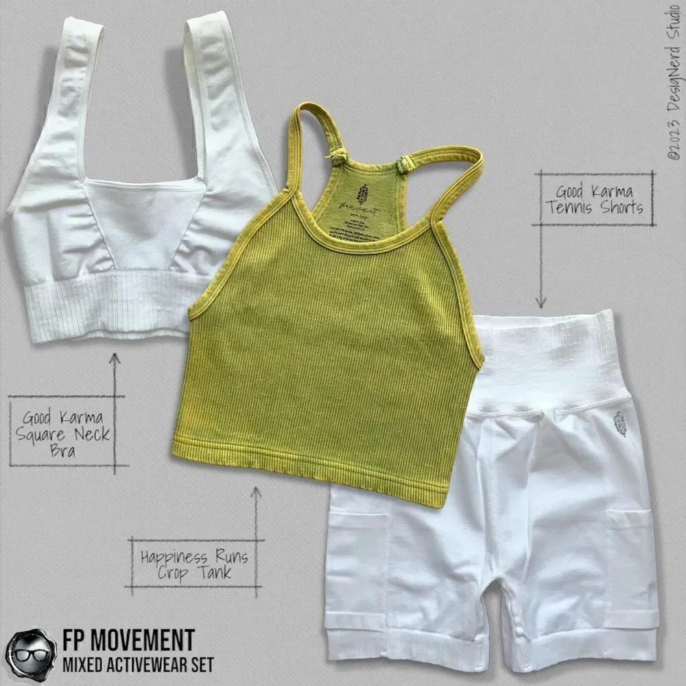 FP MOVEMENT SET GOOD KARMA SQUARE NECK BRA + TENNIS SHORTS + HAPPINESS RUNS CROP